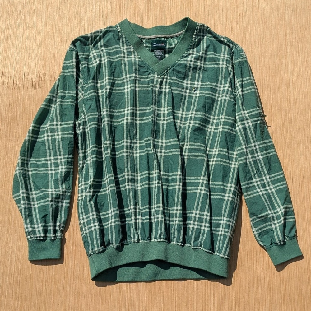 Vintage Catalina Golf‎ Pullover Plaid Green V-Neck Windbreaker Jacket Men's XL